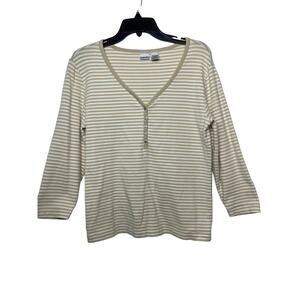 Chico's t-shirt knit tee women's 8 small white tan stripe v neck button detail